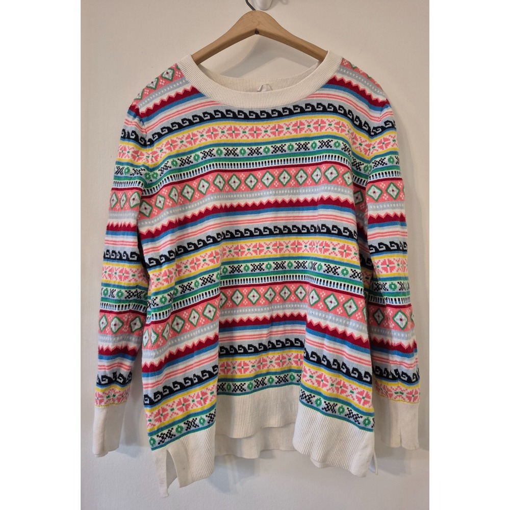 GAP Women's L Fair Isle Crew Neck Rainbow Striped Pullover Sweater 100% Cotton